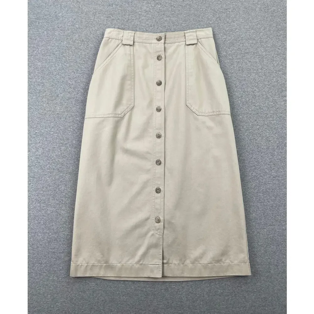 Vintage y2k Liz Claiborne Button-Up Midi Skirt 6P Khaki Tan 100% Cotton Preppy